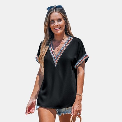 Women's  Black Jersey Decorative Trim V-Neck Top - Cupshe
