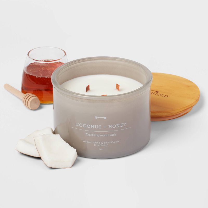 14oz Lidded Gray Glass Jar Crackling Wooden 3-Wick Candle with Clear Label Coconut and Honey - Threshold&#8482;, 3 of 4