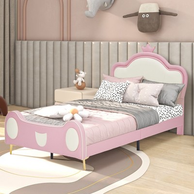 78.74"Twin Size Princess Bed with Crown Headboard, PU Upholstered Platform Bed , Twin Size Bed Frame with Bed-End Storage Pocket, Pink