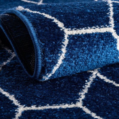 Navy Blue 7' Round Trellis Frieze Synthetic Area Rug