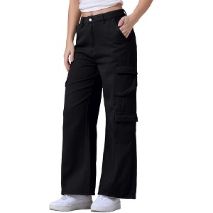 INSPIRE CHIC Women's Baggy Distressed High Waisted Multi-Pocket Full Length Wide Leg Cargo Denim Pants - 1 of 4