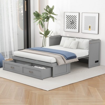 NicBex Queen Size Murphy Bed 80.1" Wooden Queen Bed Frame Wall Bed with 2 Spacious Drawers and USB Ports for Apartment and Living Room