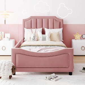 MAYEERTY Twin Size Upholstered Daybed, Rabbit Ear Headboard, Kids Bedroom, Pink - 1 of 4