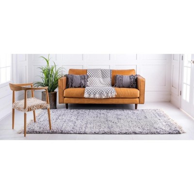 Gray Geometric Shag Synthetic Rectangular Area Rug with Braided Fringe