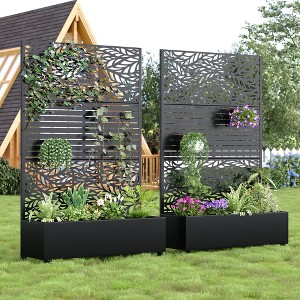 Wooakway 72"H Two-tone Patio Planter Box with Trellis Metal Raised Garden Bed Black Decorative Privacy Screen with Wheels - 1 of 4