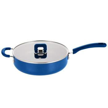 NutriChef Sauté Pan W/ Lid-Non-Stick Stylish Kitchen Cookware W/ Foldable Knob, 3.7 Quart (Blue)