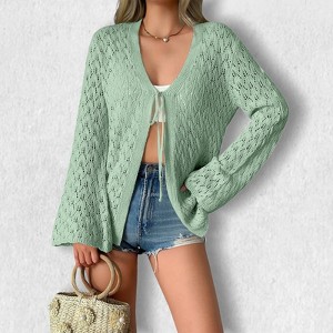 Women's Crochet Cardigan, Tie Front Bell Sleeve Sweater, Boho