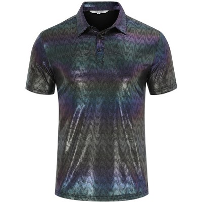 Men's 70s Disco Shirts Shiny Sequins Short Sleeve Party Shirt Slim Fit Nightclub Costume Tops