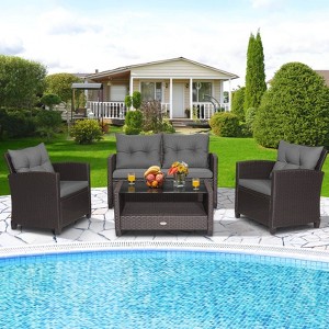 Costway 4 PCS Patio Rattan Furniture Set Glass Table Shelf Sofa Cushion Gray - 1 of 4