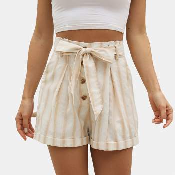 Women's Apricot Stripe Waist Tie Pocket Shorts - Cupshe