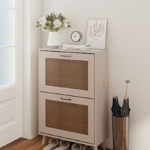 KWPZQEB 2-Tier Shoe Cabinet for Entryway, Narrow Fluted Shoe Rack Cabinet with 2 Flip Drawers, Wooden Freestanding Organizer for Entryway, Hallway - 1 of 4