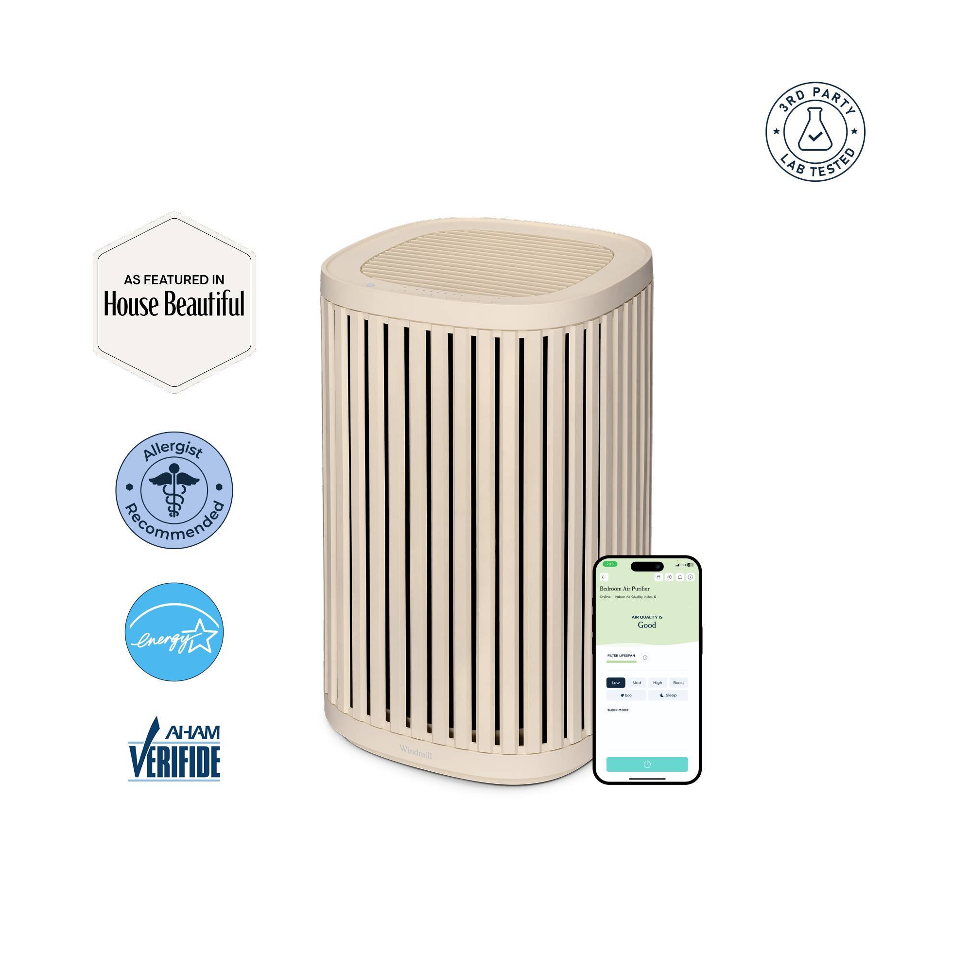 Windmill Compact Air Purifier for Home 3-in-1 Filtration Ultra-Quiet True HEPA Medical Grade Covers Up To 975 sq ft Sand