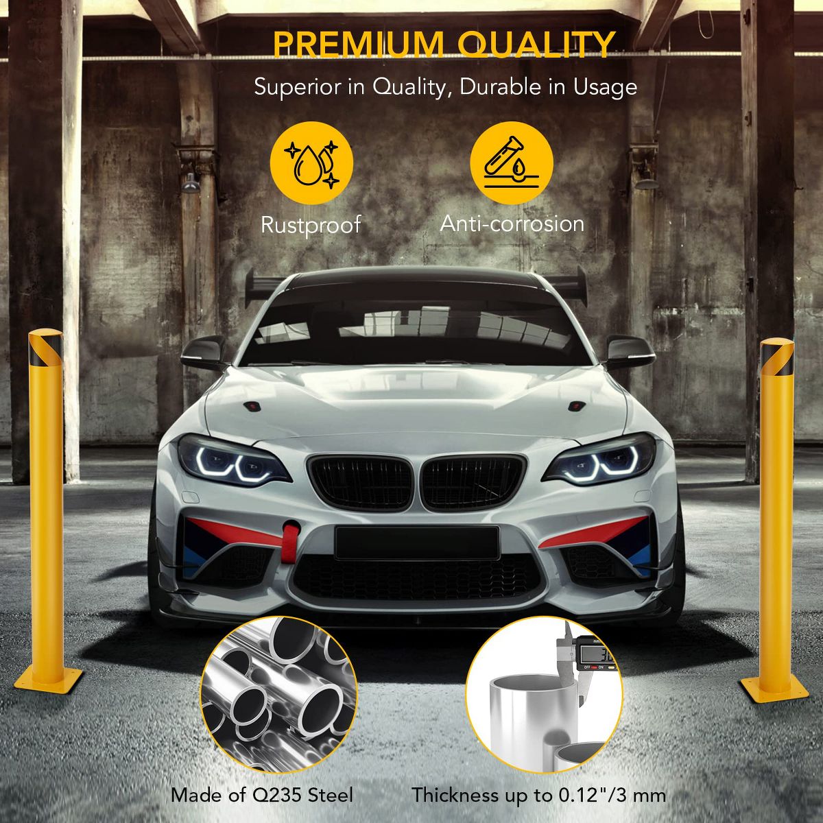 2 Packs 42in Safety Bollard Post,4.5in Diameter Yellow Steel Traffic Bollard with 8 Anchor Bolts, Parking Pole for Driveway Barrier Traffic Control - thumbnail 7