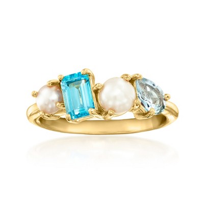Ross-Simons 4-5mm Cultured Pearl and .90 ct. t.w. Swiss and Sky Blue Topaz Ring in 18kt Gold Over Sterling