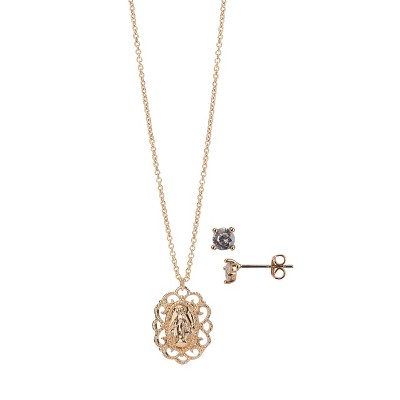 FAO Schwarz Gold Tone St. Mary Pendant Necklace and Earring Set