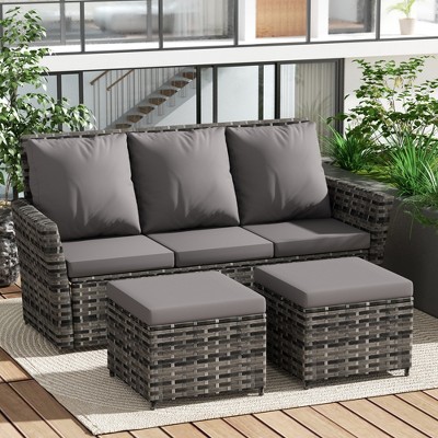TiramisuBest 3-Piece Outdoor PE Wicker Patio Furniture Set with 2 Ottomans, All-Weather Conversation Set for Porch/Backyard/Balcony (Light Gray)