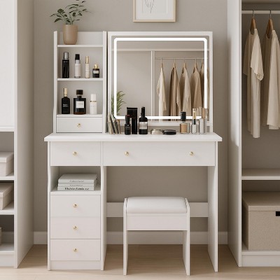 Homy Casa Vanity Table with Lighted Mirror and Stool, White