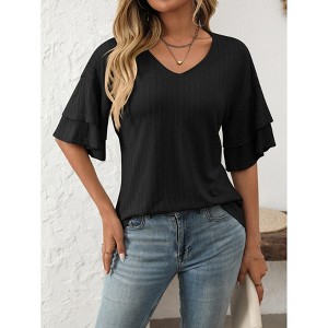 Summer Tops Ruffle Short Sleeve T Shirts Trendy V Neck Tunics Casual Loose Eyelet Blouses Tee Dressy Work Tops - 1 of 4