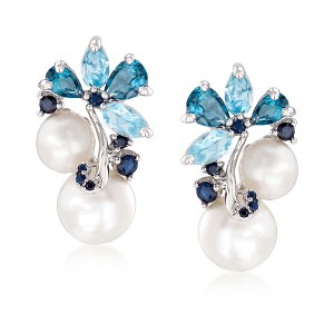 Ross-Simons 6-8.5mm Cultured Pearl and 2.00 ct. t.w. Sky Blue Topaz and London Blue Topaz Earrings With .10 ct. t.w. Sapphires in Sterling Silver - 1 of 4