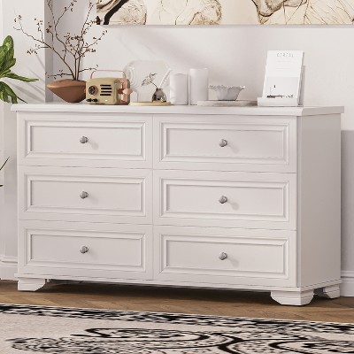 TIRAMISUBEST 6-Drawer White Retro Farmhouse Dresser with Metal Handles for Bedroom