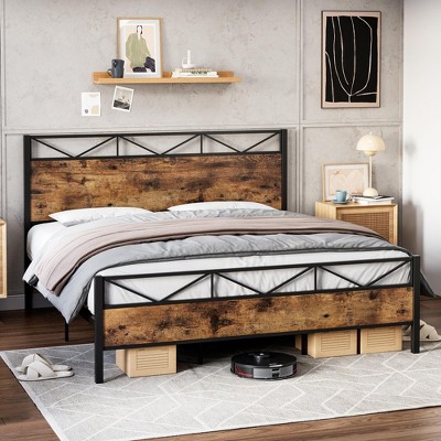 COZONY Queen/King Bed Frame with Rustic Wood Headboard & Footboard, Metal Platform, No Box Spring