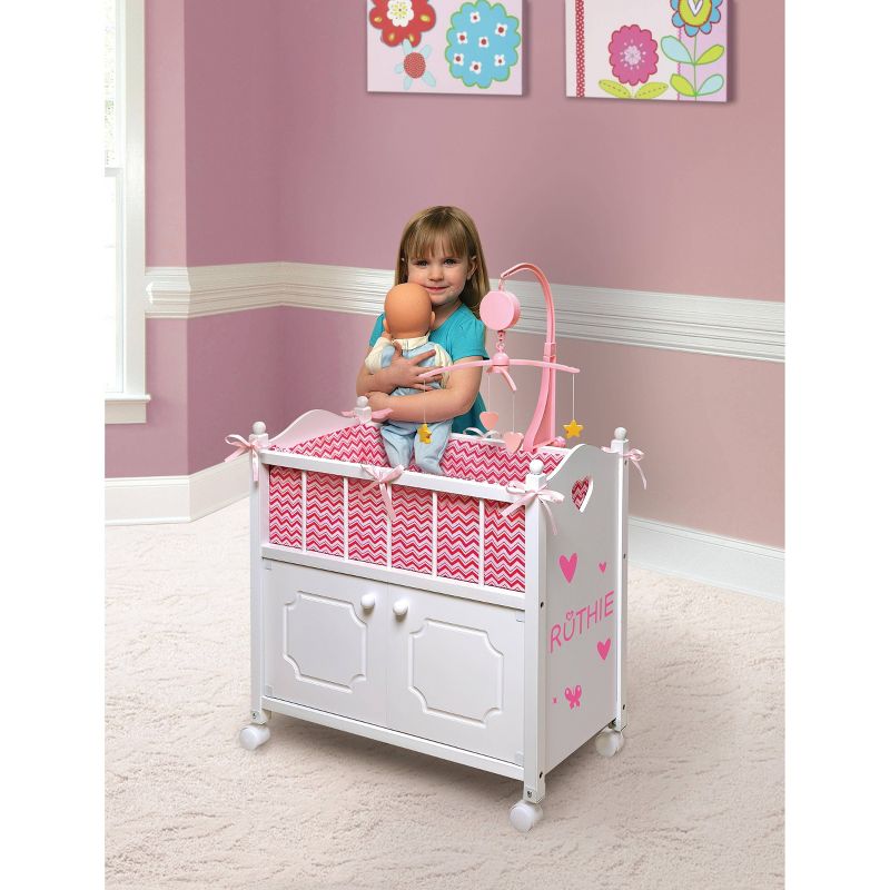 Badger Basket Cabinet Doll Crib with Chevron Bedding and Free Personalization Kit - White/Pink, 4 of 7