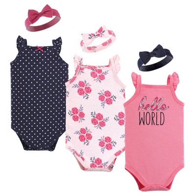 Hudson Baby Infant Girl Sleeveless Bodysuit and Headband Set, Pink Navy Roses