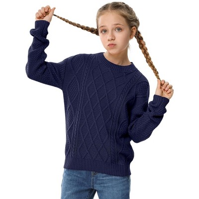 Girls' Cable Knit Sweater, Crew Neck Long - Sleeve Pullover for Kids, Casual Winter Fall Knitted Top