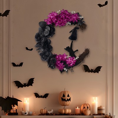 Joyfy Halloween Moon Black Cat Wreath, Halloween Front Door Decorations Party Favors Window Wall Decor Indoor Outdoor Use