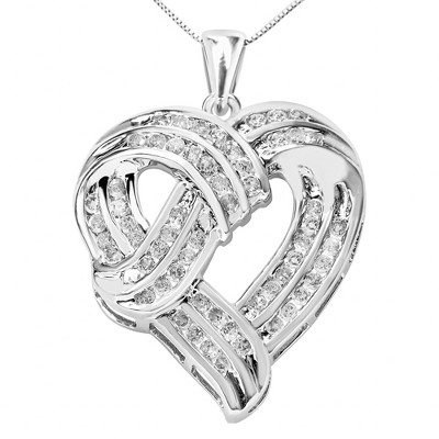 Haus of Brilliance Silver 1 1/4 Cttw Round Diamond Openwork Ribbon Weave Heart Pendant Necklace