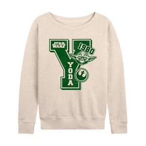 Women's - Star Wars - Yoda Letterman Lightweight French Terry Wide Neck Long Sleeve Shirt - 1 of 4