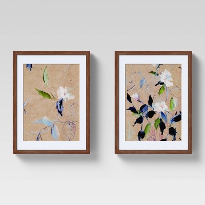 (Set of 2) 12" x 16" Sketched Floral Matted Print in Walnut Frame Wall Canvases Blue - Threshold™