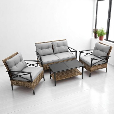 4-Piece Patio Sectional Low Dining Sofa Set with Steel Table, Blue Cushions, and Detachable Covers – Comfortable Outdoor Conversation Set