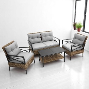 4-Piece Patio Sectional Low Dining Sofa Set with Steel Table, Blue Cushions, and Detachable Covers – Comfortable Outdoor Conversation Set - 1 of 4