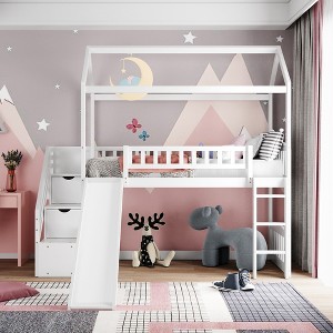 YOOCOZZ Twin Loft Bed with Two Drawers and Slide, House Bed with Slide - 1 of 4