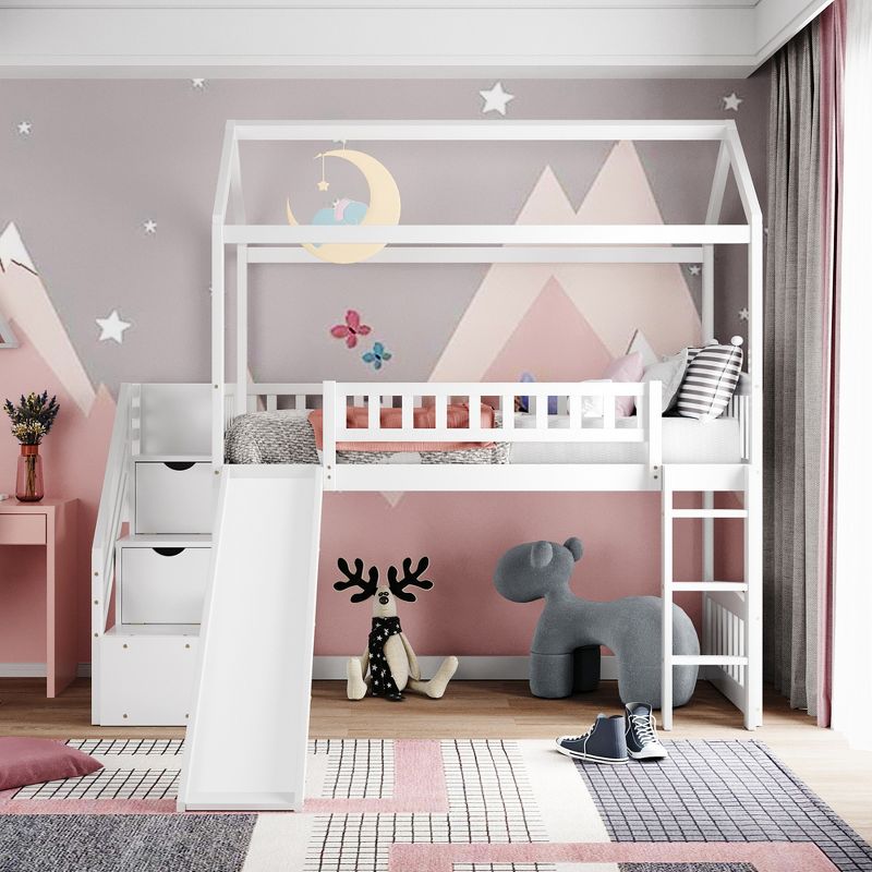 Twin Size House shape Loft Bed with Two Drawers and Slide - ModernLuxe, 2 of 12