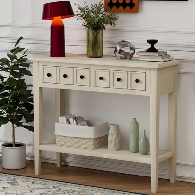 Whisen Rustic Console Table with Drawers, Open Shelf and Rubber Wood Legs