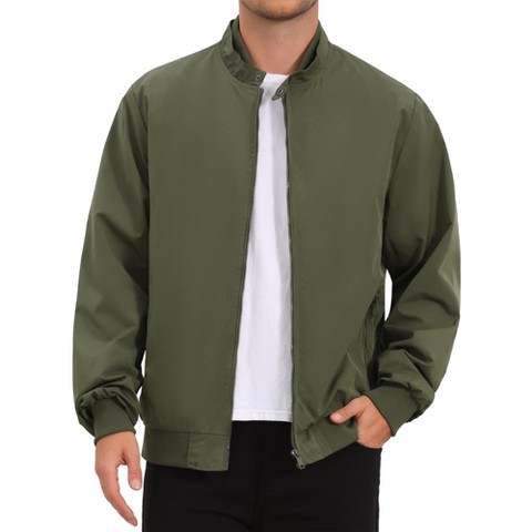 INSPIRE CHIC Men's Windbreaker Stand Collar Solid Lightweight Zipper Casual Bomber Jacket Large Olive Green