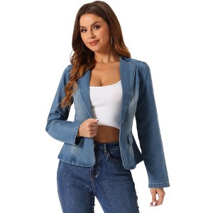 INSPIRE CHIC Women's Lapel Collar Long Sleeve One Button Work Denim Blazer - 1 of 4