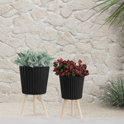 12" Black Ridged Cement Planter with Natural Wood Legs - Set of 2