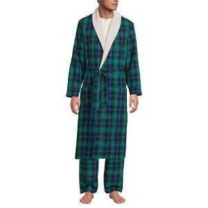 Lands' End Men's High Pile Fleece Lined Flannel Robe - 1 of 3