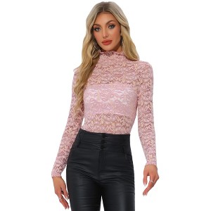 Allegra K Women's See-Through Long Sleeve Turtleneck Sheer Floral Lace Blouse - 1 of 4