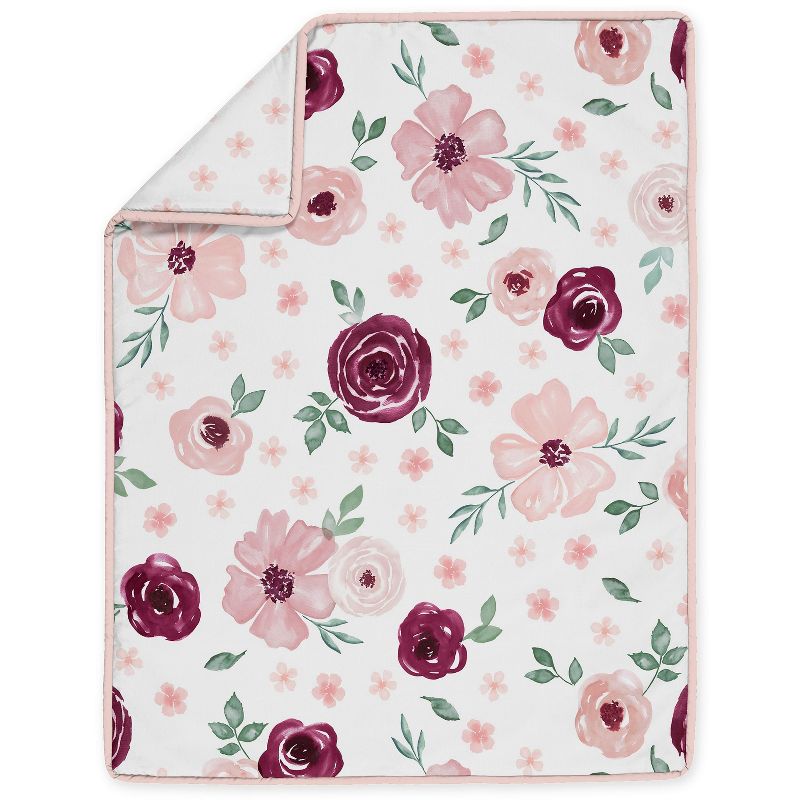 Sweet Jojo Designs Girl Baby Crib Bedding Set - Watercolor Floral Collection Burgundy and Pink 4pc, 4 of 8