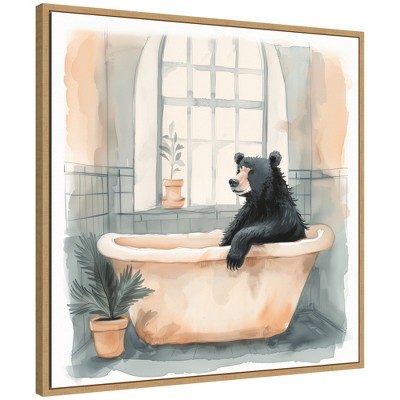 Kate & Laurel All Things Decor 30"x30" Sylvie Black Bear Bathroom Watercolor 2 Framed Canvas by The Creative Bunch Studio Natural