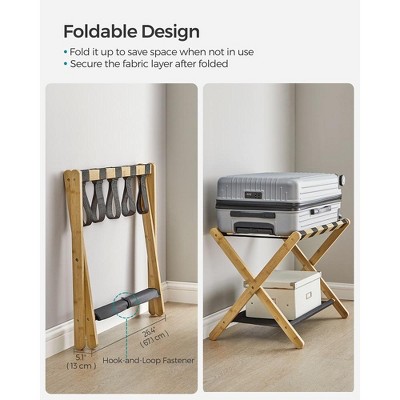 Natural Bamboo Foldable Luggage Rack with Storage Shelf