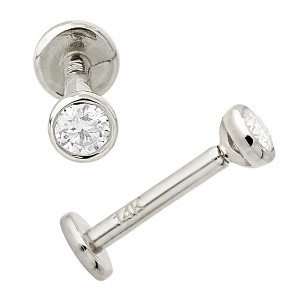 Jewelry Avalanche Unisex 14K Gold Bezel Set 2.5mm Moissanite Labret Studs, Monroe, Lip Ring, 16G - 1 of 4