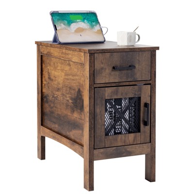 VEVOR Farmhouse End Table, Nightstand with Charging Station, 3 Tiers End Table with Storage Cabinet and 1 Drawer, Side Table with USB Ports