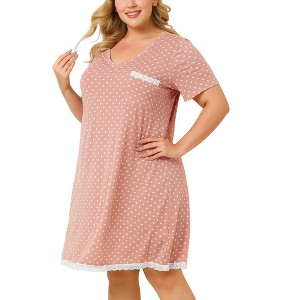 Women's Plus Size Pajamas Polka Dots  Lace Trim V Neck Short Sleeve Lounge Midi Nightgowns with Pocket - Agnes Orinda - 1 of 4