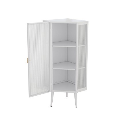 GlasFlength Bathroom Storage Cabinets Modern Corner Cabinet with Glass Doors Storage Shelves for Bathroom Living Room, White, 22.25"*16.54"*43.3"