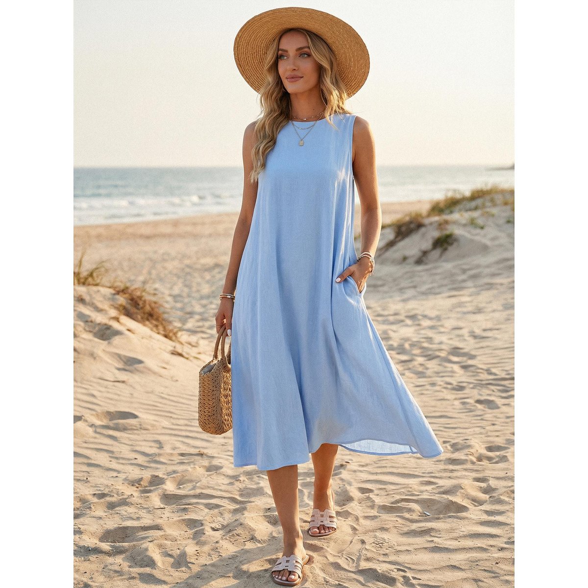 Женские платья INSPIRE CHIC Women's Linen Sleeveless Crew Neck Shift with Pockets Casual Midi Dress Small White 2 Packs Blue/Apricot Medium — фото 2